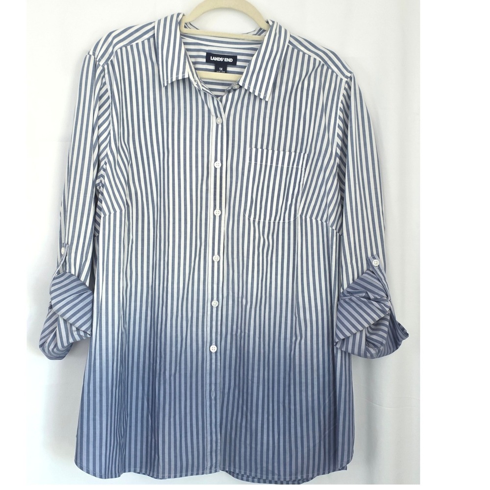Lands' End Blue Ombre Striped Button-up Shirt Cotton 1X 16W-18W Roll Tab Sleeve